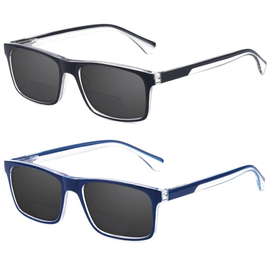 Missfive 2-Pack Mens Light Bifocal Sun Reading Glasses Blue Light Blocking, Near/Far Dual-use Spring Hinge Sun Readers, Anti UV/Eye Strain Comfort Premium Sunglasses