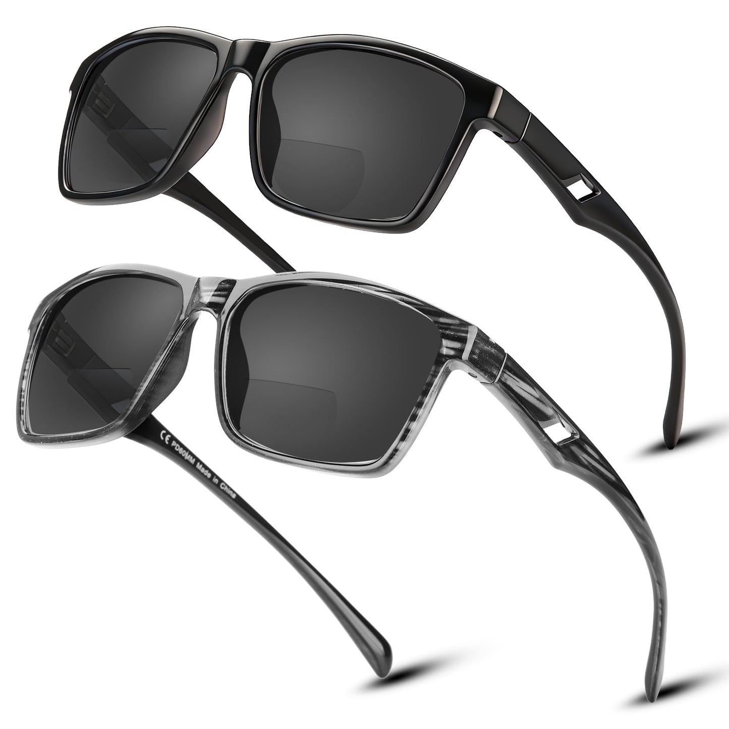 Missfive 2 Pack Snazzy Mens Bifocal Sunglasses with Readers Built in, Breathable Rugged TR90 Lightweight Dark Lenses Bi-Focal Reading Glasses, UV400 Protection, Outdoor/Driving/Gardening, Black & Gray drift