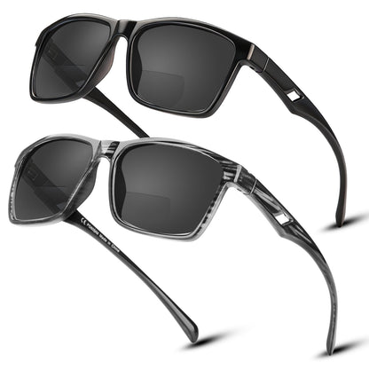 Missfive 2 Pack Snazzy Mens Bifocal Sunglasses with Readers Built in, Breathable Rugged TR90 Lightweight Dark Lenses Bi-Focal Reading Glasses, UV400 Protection, Outdoor/Driving/Gardening, Black & Gray drift