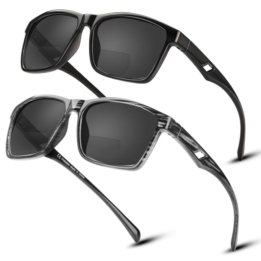 Missfive 2 Pack Snazzy Mens Bifocal Sunglasses with Readers Built in, Breathable Rugged TR90 Lightweight Dark Lenses Bi-Focal Reading Glasses, UV400 Protection, Outdoor/Driving/Gardening, Black & Gray drift