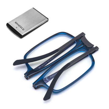 Missfive Premium Folding Reading Glasses Blue Light Blocking for Men Women, Ultra Thin Foldable Portable Travel Readers with Durable Pocket Metal Case, Compact Eyewear