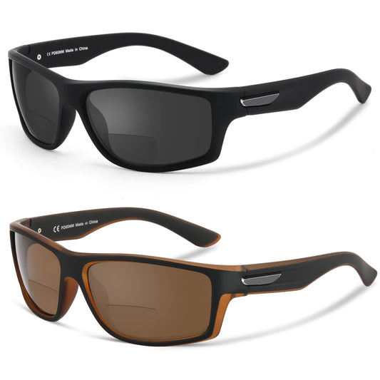 Missfive 2-Pack Mens Ultimate Bifocal Sunglasses with Readers Built In Sporty Upgraded Wrap Frame, UV400 Protection Driving & Reading Glasses for Outdoor (Dark/Brown)