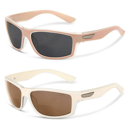 Missfive 2-Pack Bifocal Sunglasses with Readers Built In Sporty Upgraded Wrap Frame, UV400 Protection Driving & Reading Glasses for Outdoor (Soft-Tone)，Pink & White