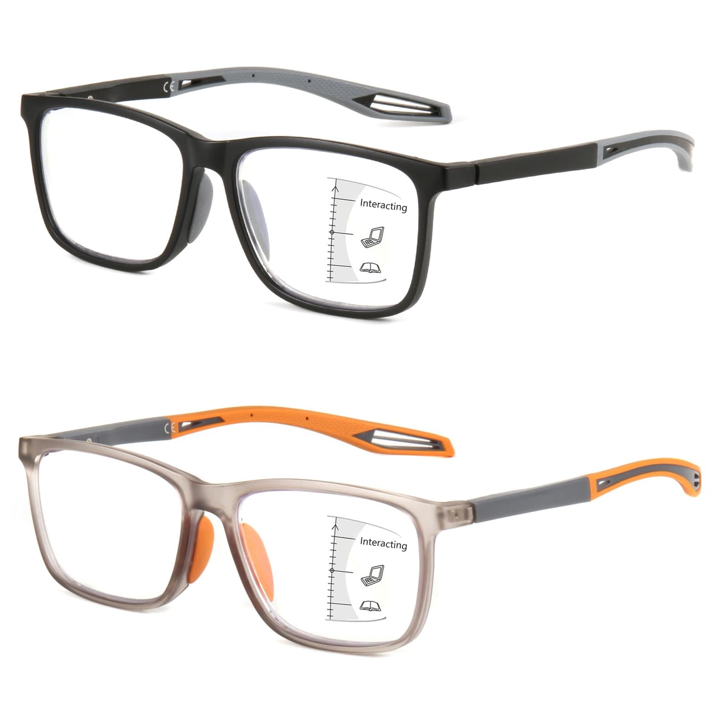MISSFIVE 2 Pack Upgraded Unbreakable Multifocus Progressive Reading Glasses Men Women - Sports Style Anti Blue/UV/Eyestrain Multifocal Readers, Spring Hinge Near-Workspace Light Eyewear, Black & Orange