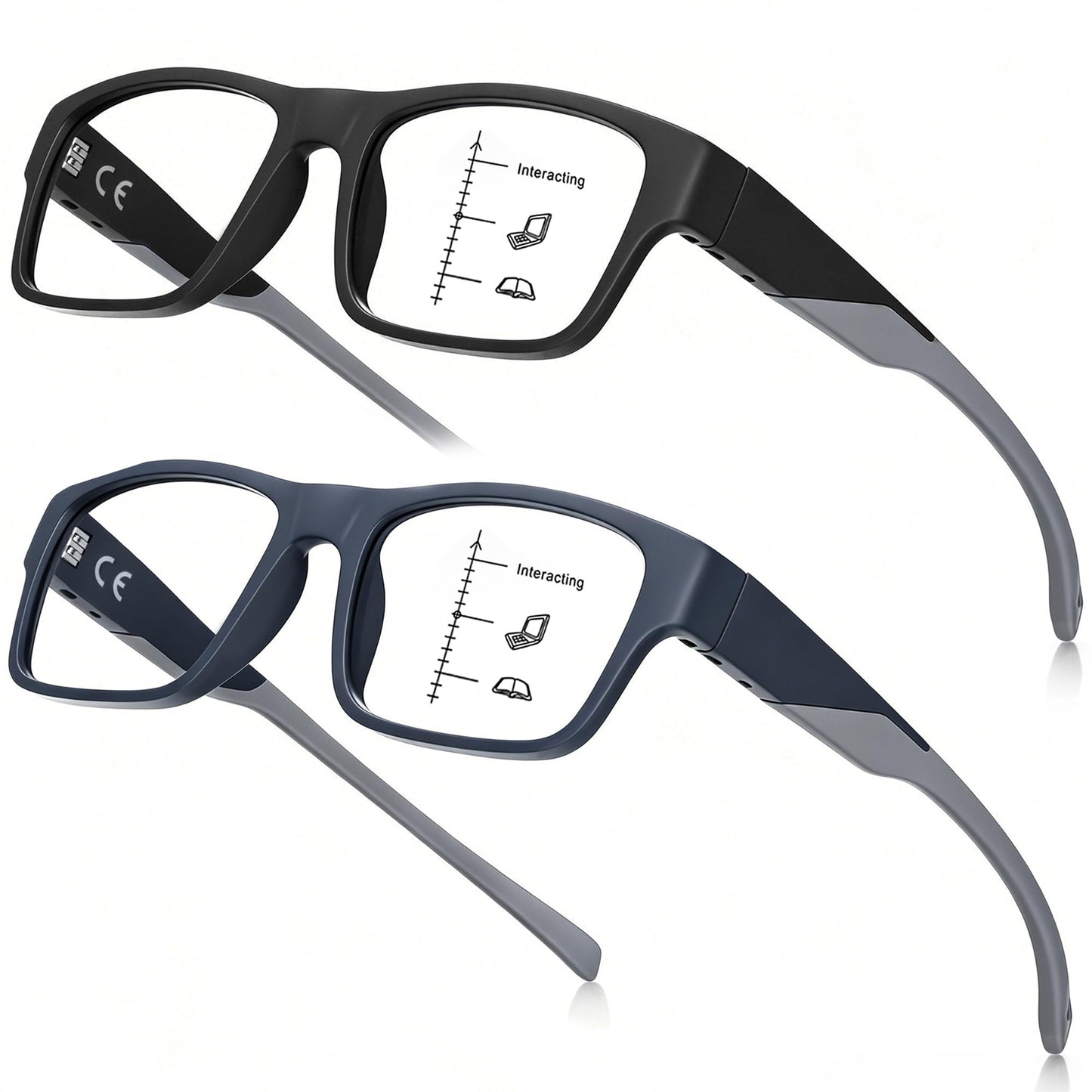 Missfive Thicken TR90 Progressive Multifocus Reading Glasses Men, Strong & Flexible 5-barrel Metal Spring Hinges, Solid Thickened Arms, No-Line Blue Light Filter Multifocal Computer Readers