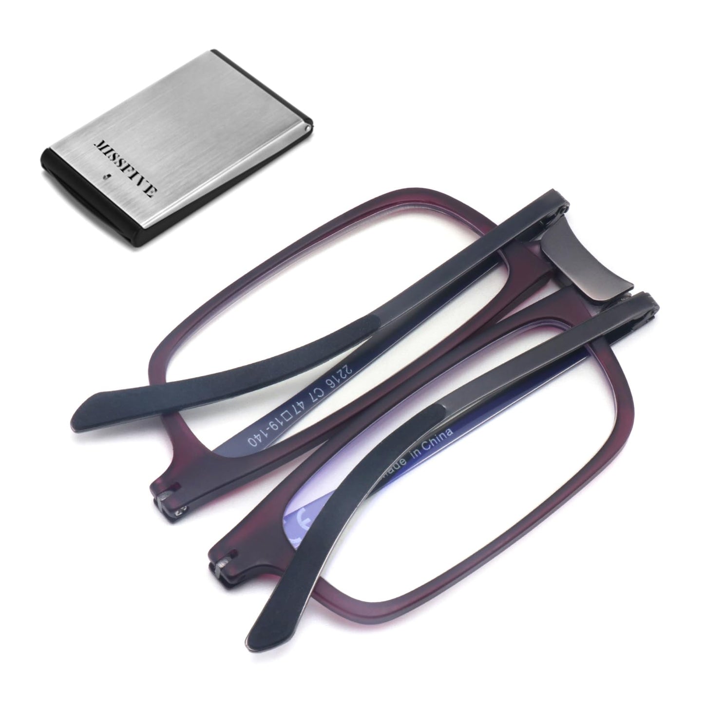 Missfive Premium Folding Reading Glasses Blue Light Blocking for Men Women, Ultra Thin Foldable Portable Travel Readers with Durable Pocket Metal Case, Dark Purple Compact Eyewear