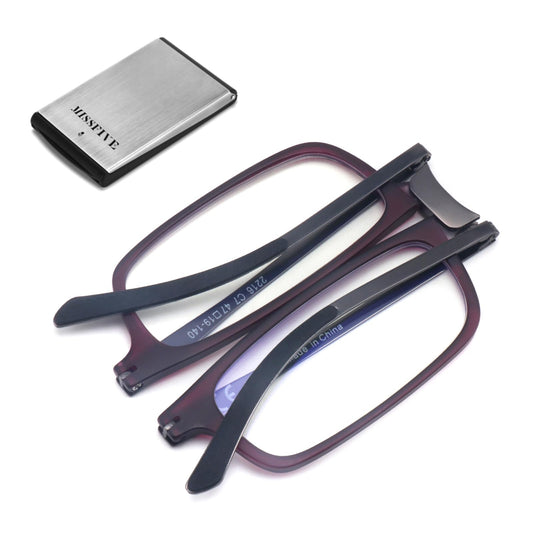 Missfive Premium Folding Reading Glasses Blue Light Blocking for Men Women, Ultra Thin Foldable Portable Travel Readers with Durable Pocket Metal Case, Dark Purple Compact Eyewear