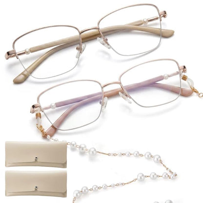 Missfive 2 Pack Pearl Progressive Multifocal Reading Glasses Women, Flattering Durable & Lightweight Metal Half-Frame, Blocks Blue Light & UV, Convenient Chain, 2pack No-Line Multifocal Readers