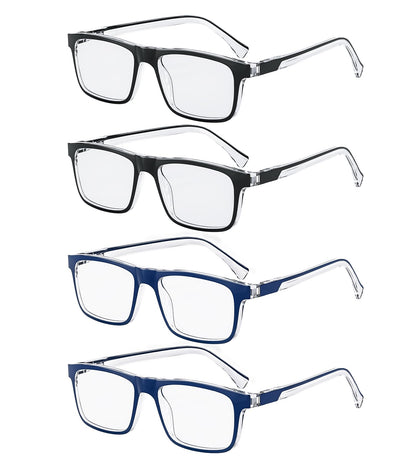 Missfive Premium Light Reading Glasses Blue Light Blocking for Men, Durable Spring Hinge Readers, Rectangular Computer Full Frame Eyeglasses Anti UV Eyewear( 4pcs)