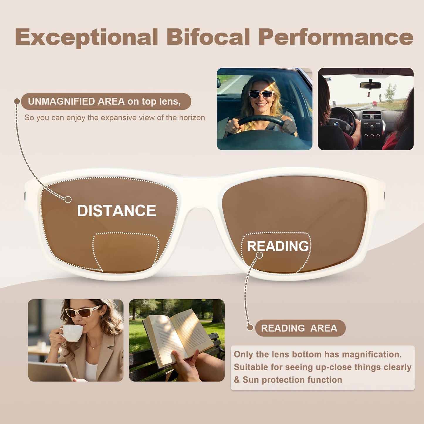 Missfive 2-Pack Bifocal Sunglasses with Readers Built In Sporty Upgraded Wrap Frame, UV400 Protection Driving & Reading Glasses for Outdoor (Soft-Tone)，Pink & White