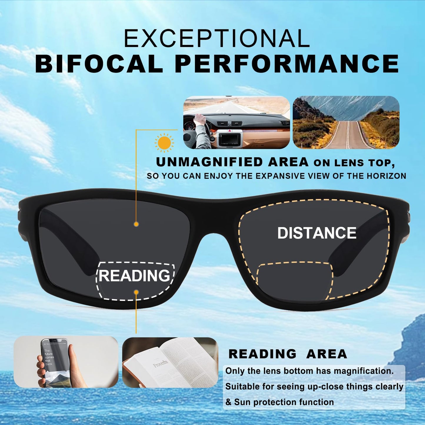 Missfive 2-Pack Mens Ultimate Bifocal Sunglasses with Readers Built In Sporty Upgraded Wrap Frame, UV400 Protection Driving & Reading Glasses for Outdoor (Dark/Brown)