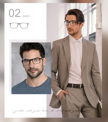 2-Pack Mens Light Multifocus Progressive Reading Glasses Blue Light Blocking, Multifocal Spring Hinge No-Line Quality Trifocal Readers Comfort Eyeglasses (Workspace For Near Range )