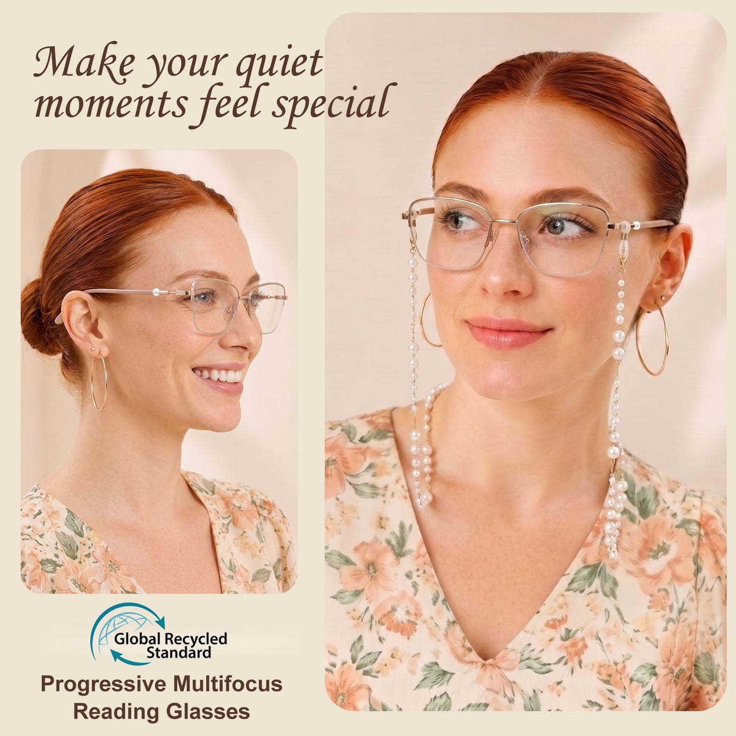 Missfive 2 Pack Pearl Progressive Multifocal Reading Glasses Women, Flattering Durable & Lightweight Metal Half-Frame, Blocks Blue Light & UV, Convenient Chain, 2pack No-Line Multifocal Readers