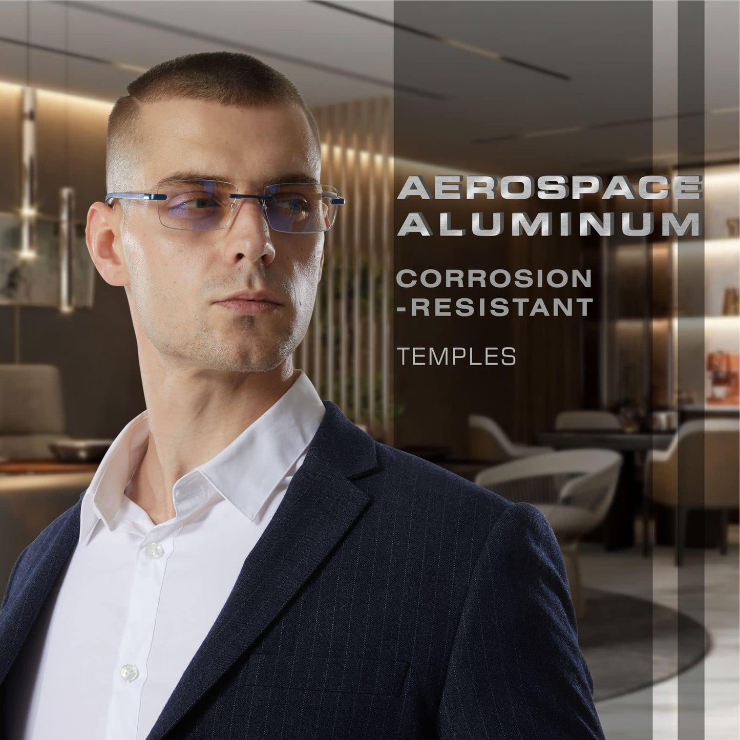 Missfive Premium Aluminum Progressive Multifocus Reading Glasses Men Blue Light Blocking, No-Line Spring Hinge Rimless Office Multifocal Metal Readers for Near Range Workspace, Sapphire