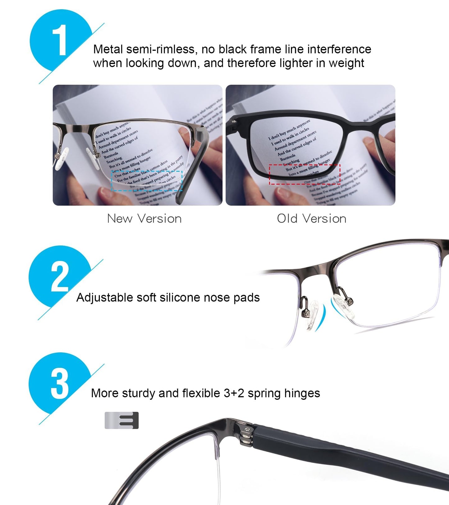 Missfive 2 Pack Mens Quality Progressive Multifocus Reading Glasses Blue Light Blocking, Man Spring Hinge Multifocal No-Line Readers Half Frame Metal Eyeglasses,Workspace For Near Range