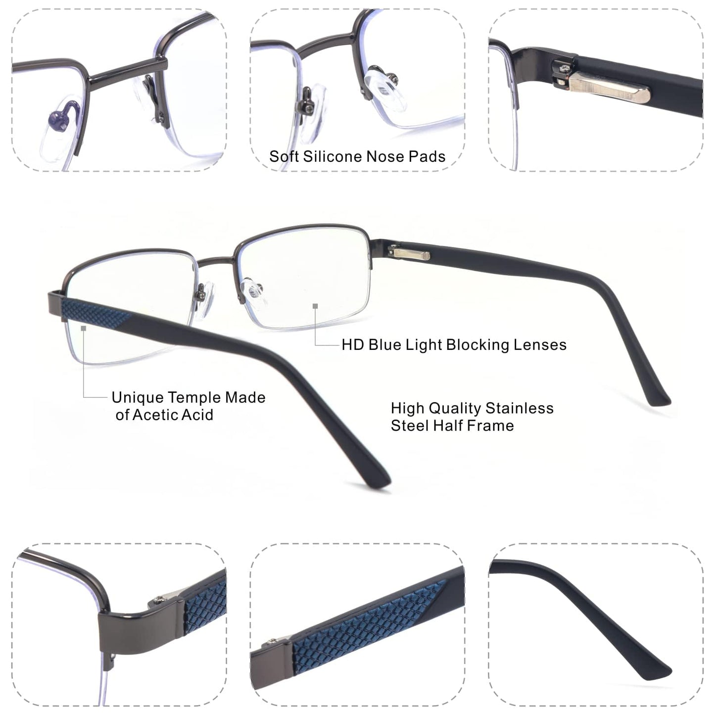 Missfive Men Premium Multifocus Reading Glasses Blue Light Blocking, Progressive Metal Frame With No Broken Spring Hinge Multifocal Readers Computer Eyewear,Workspace For Near Range