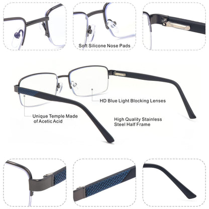 Missfive Men Premium Multifocus Reading Glasses Blue Light Blocking, Progressive Metal Frame With No Broken Spring Hinge Multifocal Readers Computer Eyewear,Workspace For Near Range