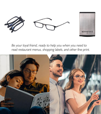Missfive Premium Folding Reading Glasses Blue Light Blocking for Men Women, Ultra Thin Foldable Portable Travel Readers with Durable Pocket Metal Case, Dark Purple Compact Eyewear