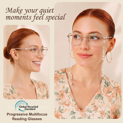 Missfive Pearl Progressive Multifocal Reading Glasses for Women, Flattering Durable & Lightweight Metal Half-Frame, Blocks Blue Light & UV, Convenient Chain, No-Line Multifocal Readers,Pink