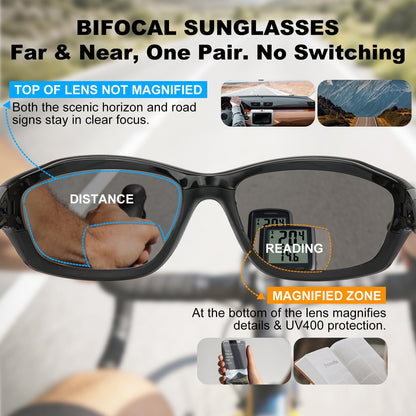 Missfive 2-Pack Mens Go-To Bifocal Sunglasses with Readers Built In, Resilient Temple Comfort-Fit Sport Wrap Around Frame & UV400 Protection, Driving & Reading Glasses for Outdoor