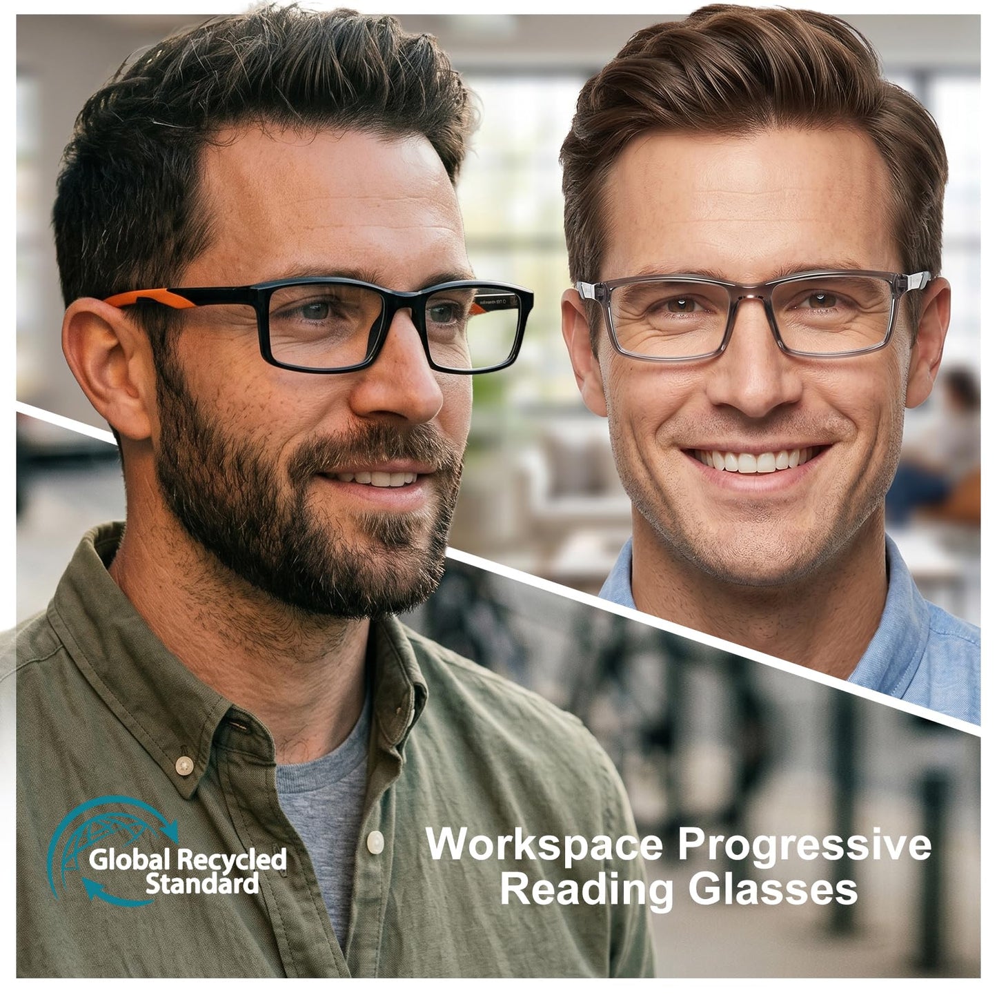 Missfive 2 Pack Sporty-Comfort Progressive Multifocus Reading Glasses Men, Super Flexible TR90 Frame with Anti-slip Rubber Tips, Anti-Blue Light Multifocal Computer Readers for Near Range