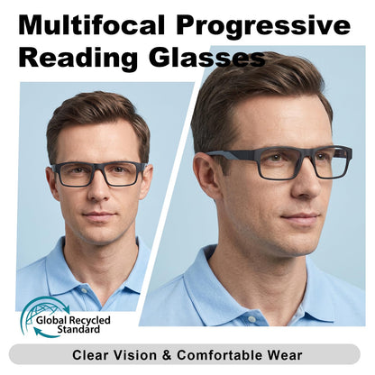 Missfive Thicken TR90 Progressive Multifocus Reading Glasses Men, Strong & Flexible 5-barrel Metal Spring Hinges, Solid Thickened Arms, No-Line Blue Light Filter Multifocal Computer Readers
