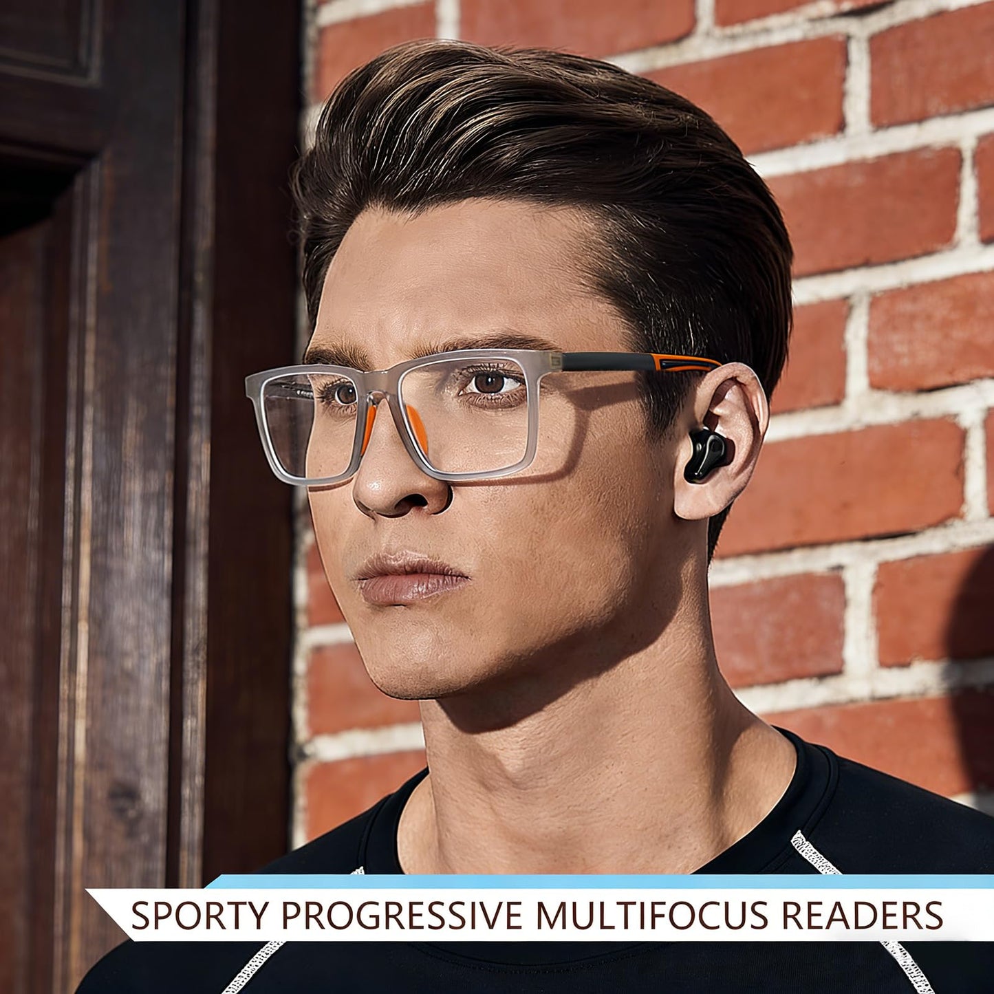 MISSFIVE 2 Pack Upgraded Unbreakable Multifocus Progressive Reading Glasses Men Women - Sports Style Anti Blue/UV/Eyestrain Multifocal Readers, Spring Hinge Near-Workspace Light Eyewear, Black & Orange