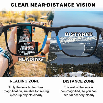 Missfive 2-Pack Bifocal Reading Glasses for Men, Upgraded TR90 Sporty Anti Blue/UV Readers with Metal Spring Hinge, Lightweight Dual-Focus Near-Far Vision Eyeglasses，Black & Blue
