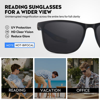 Missfive 2 Pack Upgraded Unbreakable Reading Sunglasses for Men Women, Sports Style UV400 Protection Sun Readers Ourdoor Glasses TR90 Frame Spring Hinge, Black & Blue (Not Bifocal)