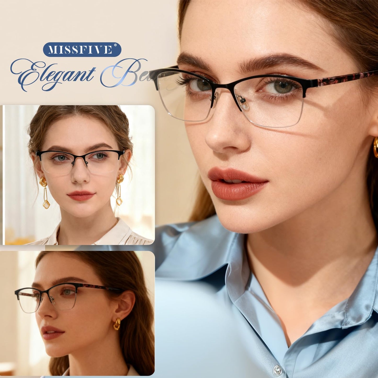 Missfive Premium Progressive Multifocus Metal Reading Glasses Women & A Case, Quality Spring Hinge Blue Light Blocking No Line Lens Multifocal Readers(for Mid-Near Workspace_ Classic Black)