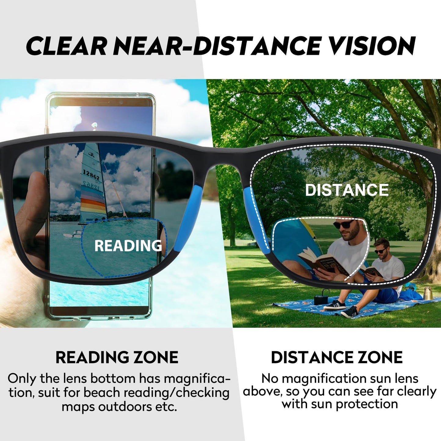Missfive Premium Bifocal Reading Sunglasses Men Lightweight Sun Readers, UV Protection, TR90 Frame with Metal Spring Hinge Sports/Driving Glasses，Black & Blue
