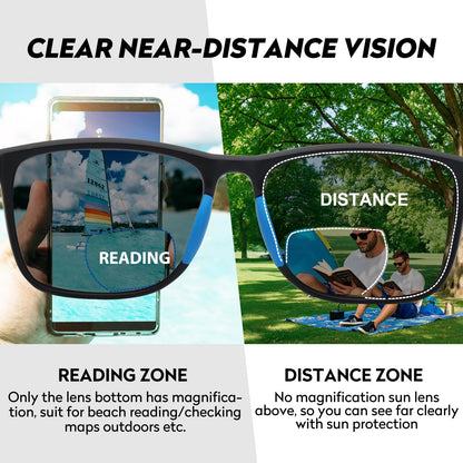 Missfive Premium Bifocal Reading Sunglasses Men Lightweight Sun Readers, UV Protection, TR90 Frame with Metal Spring Hinge Sports/Driving Glasses，Black & Blue