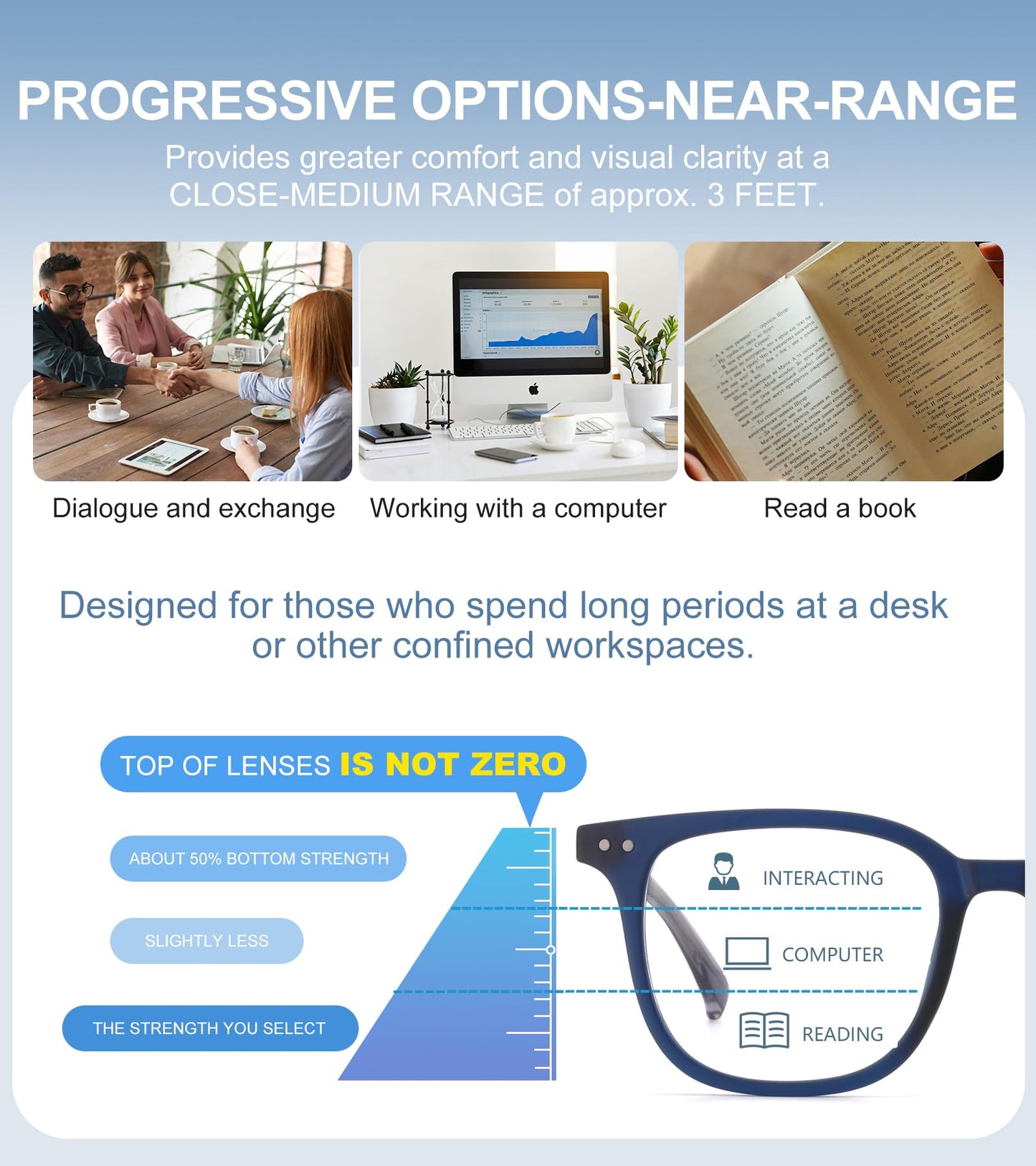 Missfive 2-Pack Multifocus Progressive Reading Glasses Men, Blue Light Blocking Multifocal Spring Hinge Trifocal Readers Durable TR90 Frame Near-Range Eyeglasses, Grey & Blue