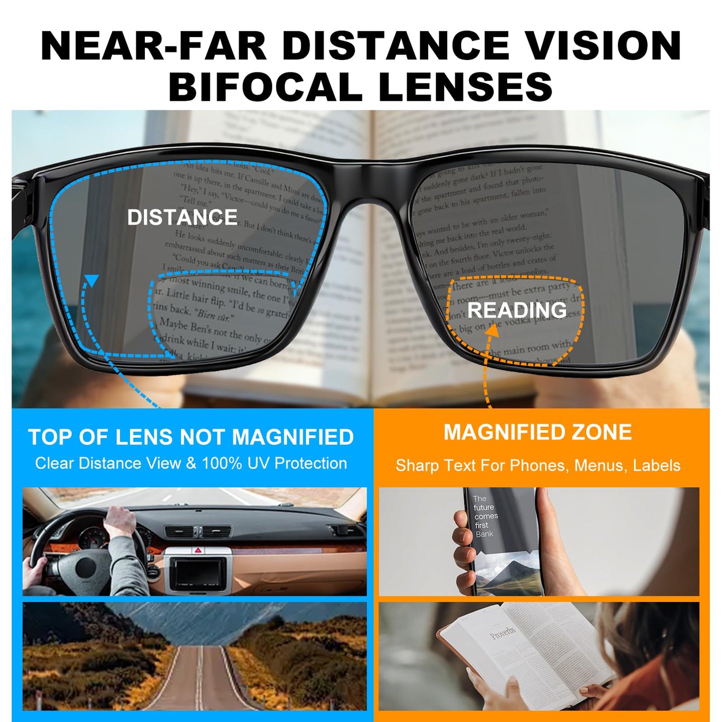 Missfive 2 Pack Snazzy Mens Bifocal Sunglasses with Readers Built in, Breathable Rugged TR90 Lightweight Dark Lenses Bi-Focal Reading Glasses, UV400 Protection, Outdoor/Driving/Gardening, Black & Gray drift