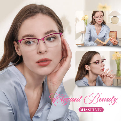 Missfive Premium Progressive Multifocus Metal Computer Reading Glasses For Women & A Hard Case, Quality Spring Hinge No Line Multifocal Readers (Workspace For Near Range )