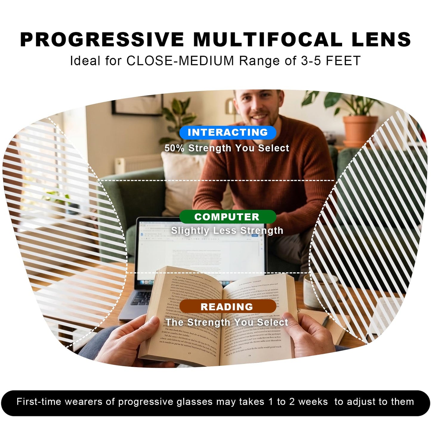 Missfive Thicken TR90 Progressive Multifocus Reading Glasses Men, Strong & Flexible 5-barrel Metal Spring Hinges, Solid Thickened Arms, No-Line Blue Light Filter Multifocal Computer Readers