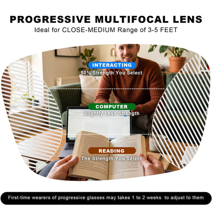 Missfive Thicken TR90 Progressive Multifocus Reading Glasses Men, Strong & Flexible 5-barrel Metal Spring Hinges, Solid Thickened Arms, No-Line Blue Light Filter Multifocal Computer Readers