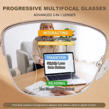 Missfive Pearl Progressive Multifocal Reading Glasses for Women, Flattering Durable & Lightweight Metal Half-Frame, Blocks Blue Light & UV, Convenient Chain, No-Line Multifocal Readers,Pink
