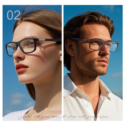 Missfive 2 Pack Classic Bifocal Reading Glasses for Men Women, Premium Metal Spring Hinge Lightweight Frame Readers, Anti Blue/UV Protection Near-Far Dual-Use Eyewear, Black & Blue