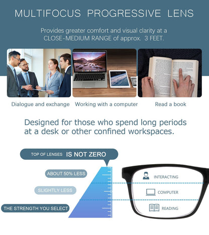 2-Pack Mens Light Multifocus Progressive Reading Glasses Blue Light Blocking, Multifocal Spring Hinge No-Line Quality Trifocal Readers Comfort Eyeglasses (Workspace For Near Range )