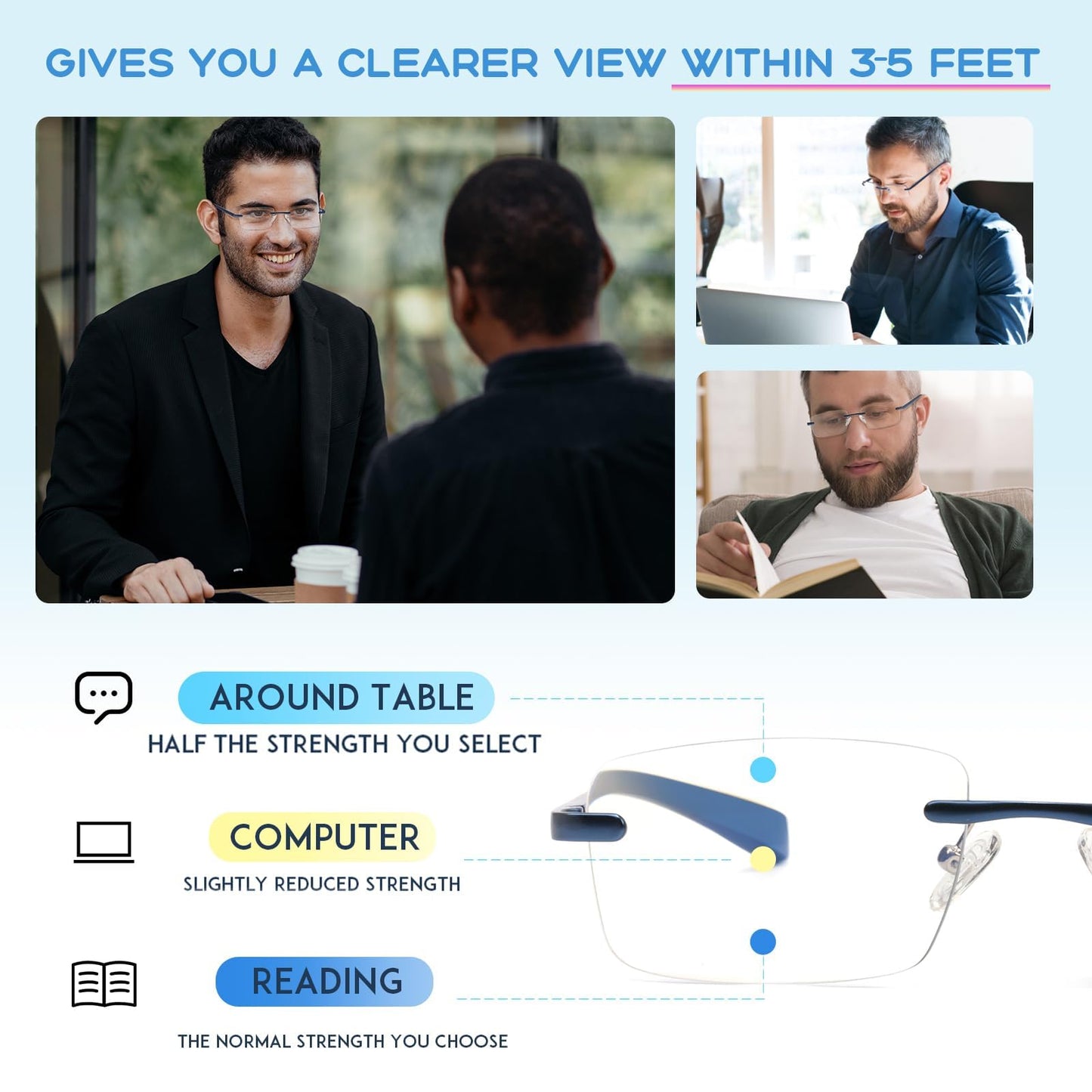 Missfive Premium Aluminum Progressive Multifocus Reading Glasses Men Blue Light Blocking, No-Line Spring Hinge Rimless Office Multifocal Metal Readers for Near Range Workspace, Sapphire