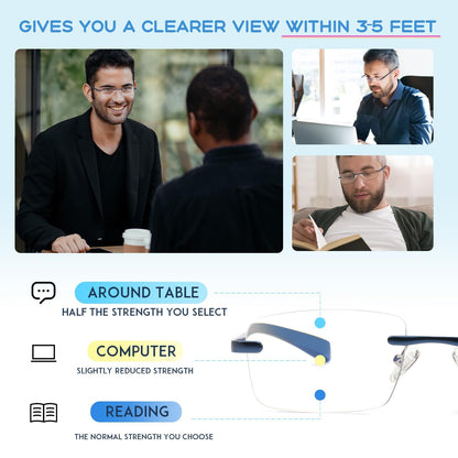 Missfive Premium Aluminum Progressive Multifocus Reading Glasses Men Blue Light Blocking, No-Line Spring Hinge Rimless Office Multifocal Metal Readers for Near Range Workspace, Sapphire