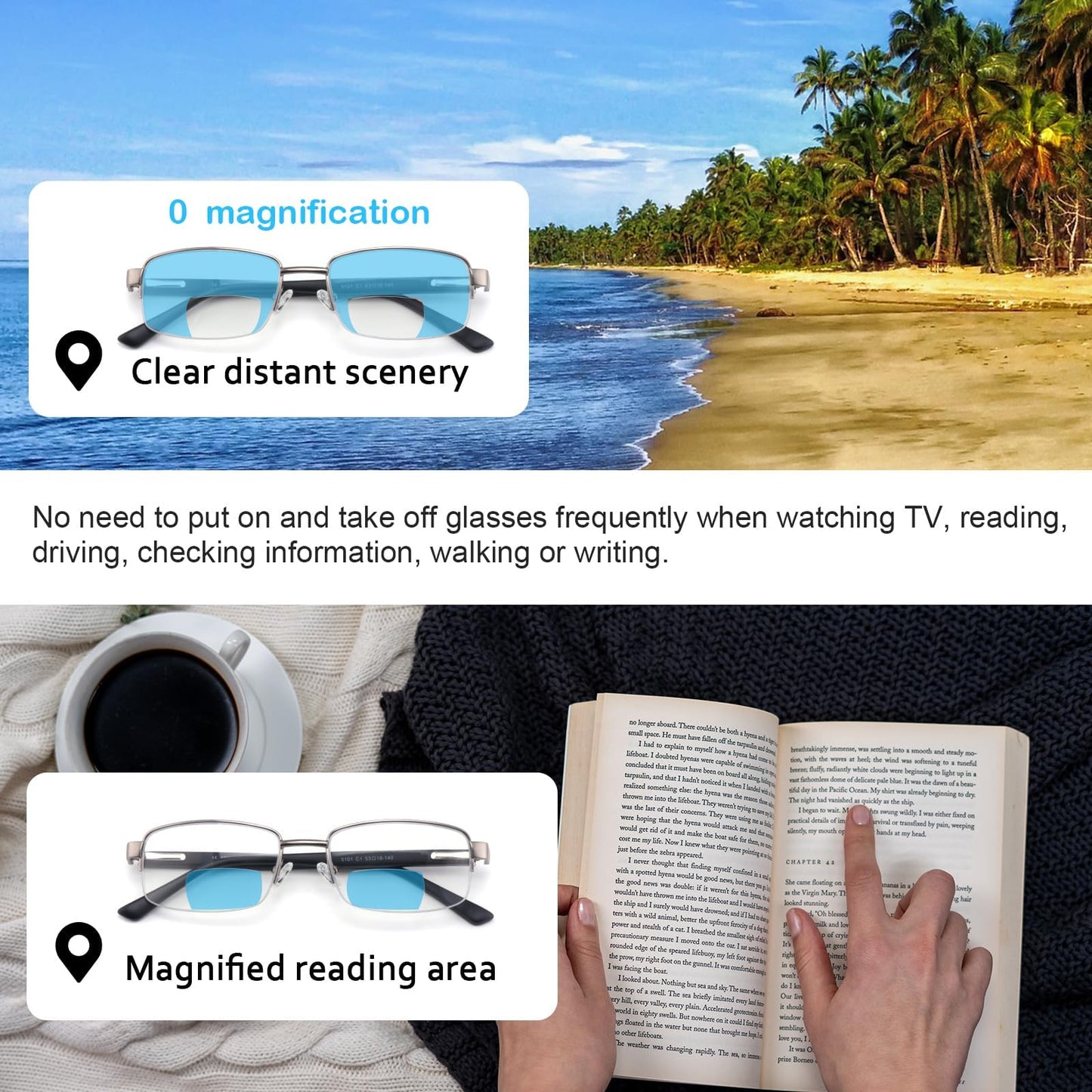 Missfive Mens Premium Bifocal Reading Glasses Blue Light Blocking, Computer Readers Metal Frame with No Broken Spring Hinge, Far/Near Dual-use Eyeglasses 2 Pack, Blue & Silver
