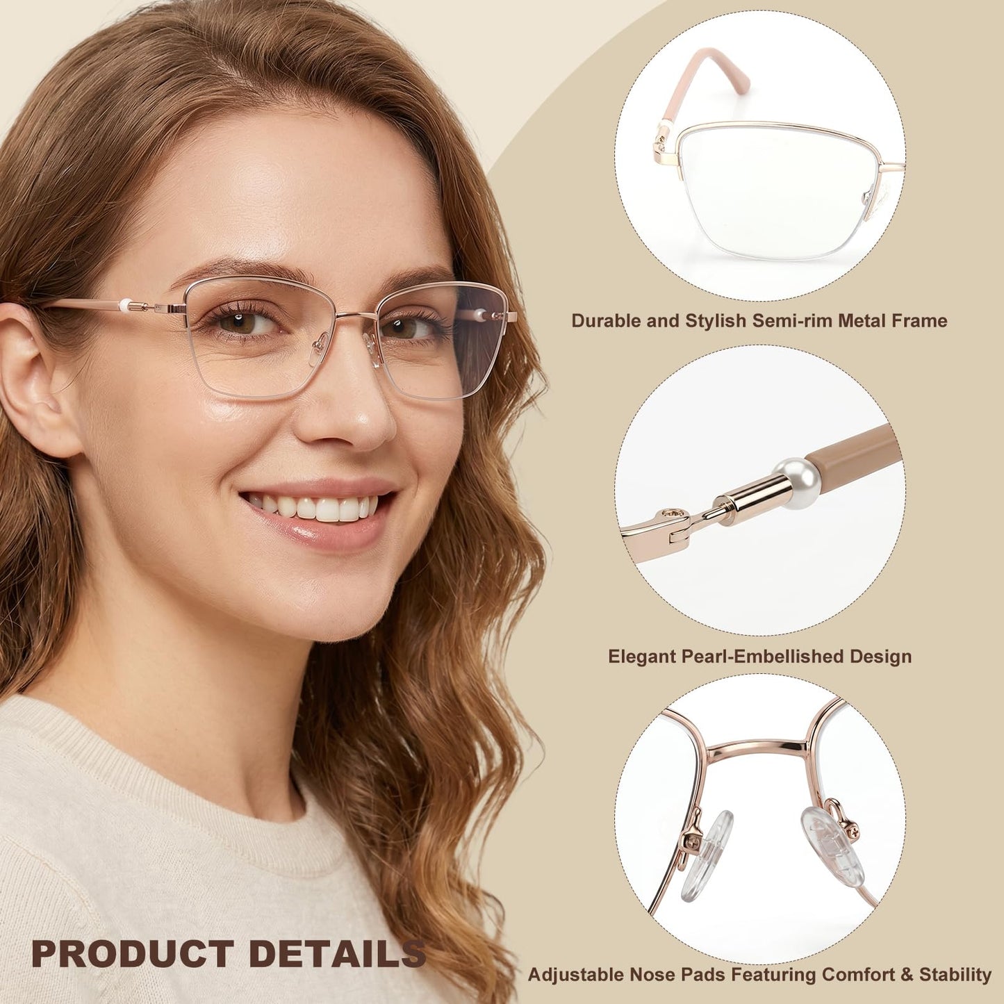 Missfive 2 Pack Pearl Progressive Multifocal Reading Glasses Women, Flattering Durable & Lightweight Metal Half-Frame, Blocks Blue Light & UV, Convenient Chain, 2pack No-Line Multifocal Readers