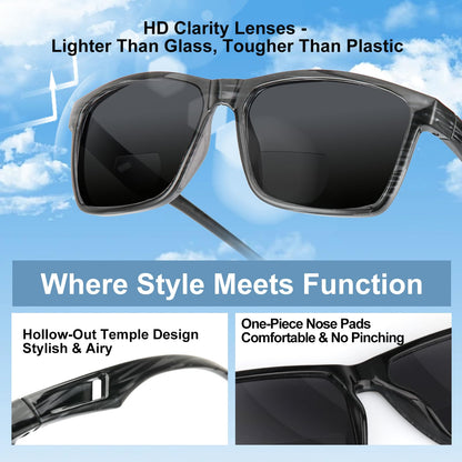 Missfive 2 Pack Snazzy Mens Bifocal Sunglasses with Readers Built in, Breathable Rugged TR90 Lightweight Dark Lenses Bi-Focal Reading Glasses, UV400 Protection, Outdoor/Driving/Gardening, Black & Gray drift