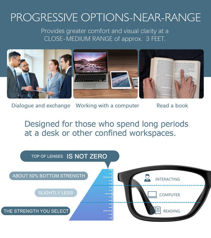 Missfive 2 Pack Progressive Multifocus Reading Glasses Premium Flexible Metal Spring Hinge, Light TR90 Multifocal Readers for Men Women Anti Blue/UV No-Line Trifocal for 3-5ft Mid-Near, Black & Blue