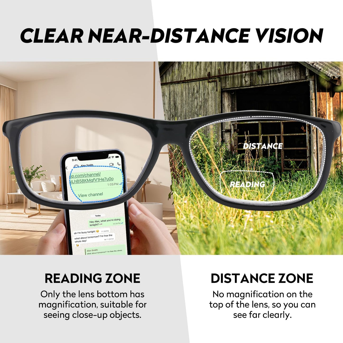 Missfive 2 Pack Classic Bifocal Reading Glasses for Men Women, Premium Metal Spring Hinge Lightweight Frame Readers, Anti Blue/UV Protection Near-Far Dual-Use Eyewear, Black & Blue