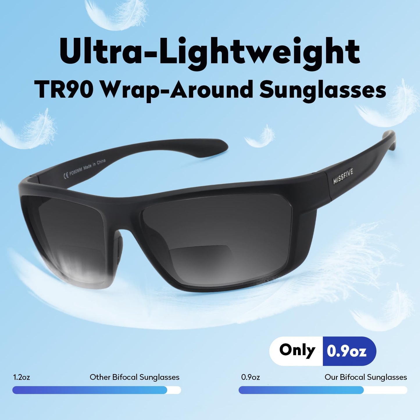 Missfive Premium Bifocal Reading Sunglasses Men Lightweight Wrap Around Design Sun Readers, UV Protection, TR90 Frame Sports/Outdoor/Driving, Black & Teal