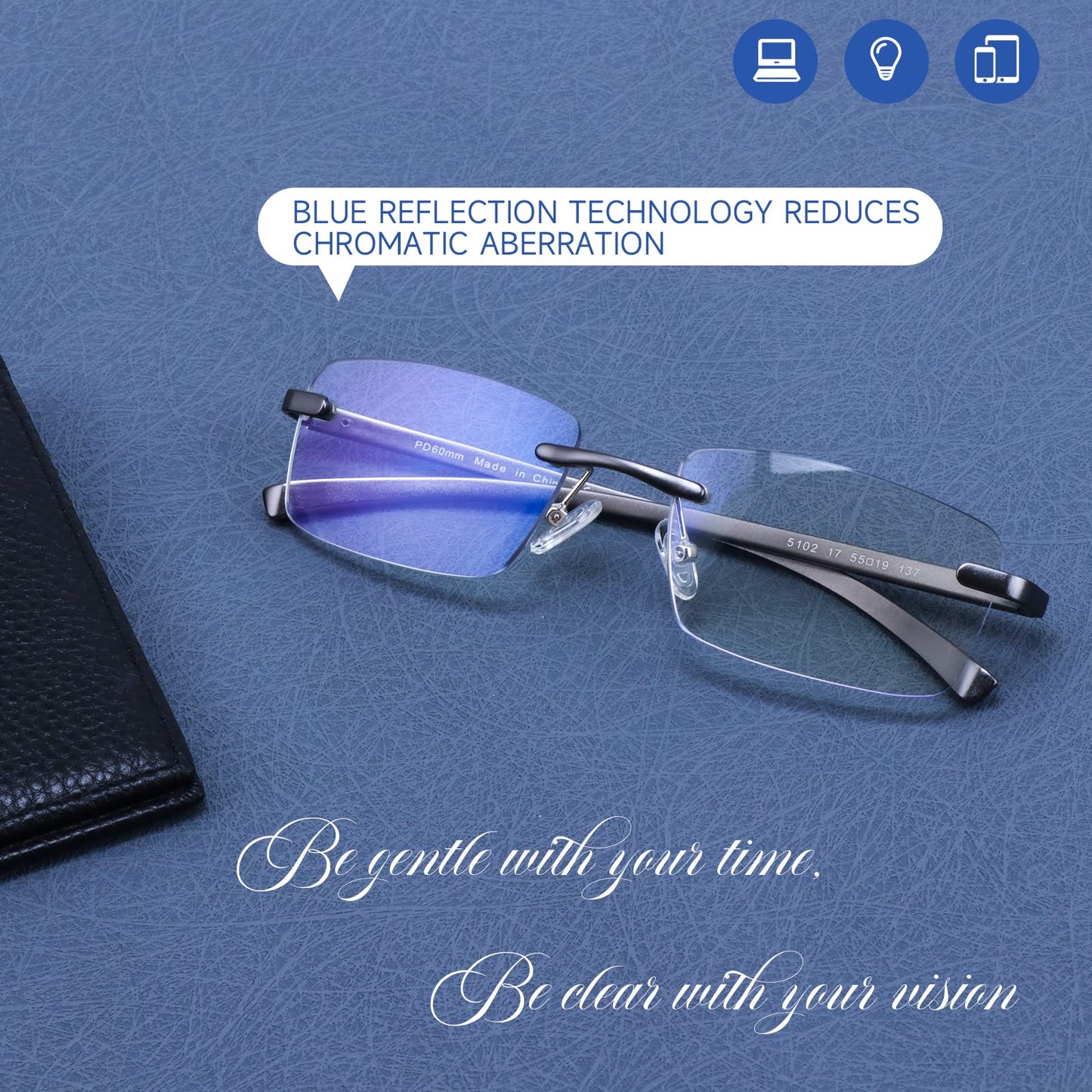 Missfive Premium Aluminum Progressive Multifocus Reading Glasses Men Blue Light Blocking, No-Line Spring Hinge Rimless Office Multifocal Metal Readers, Workspace for Near Range, Gunmetal