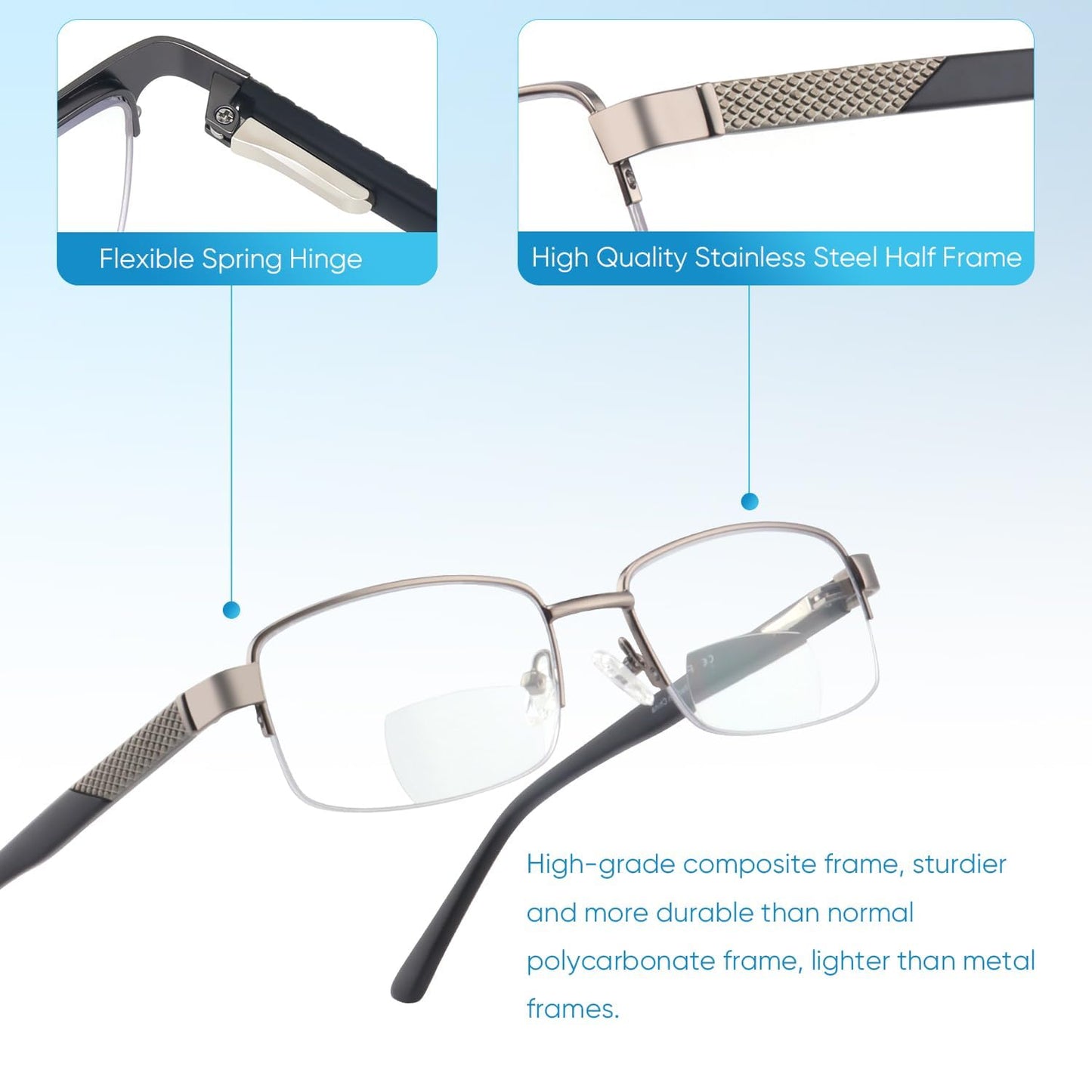 Missfive Mens Premium Bifocal Reading Glasses Blue Light Blocking, Computer Readers Metal Frame with No Broken Spring Hinge, Far/Near Dual-use Eyeglasses 2 Pack, Blue & Silver